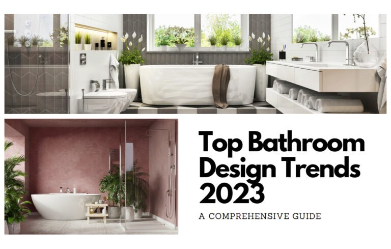 The featured blog image. The image has a picture of two different modern bathrooms with the title of the blog post on it which is "Top Bathroom Design Trends 2023: A Comprehensive Guide"