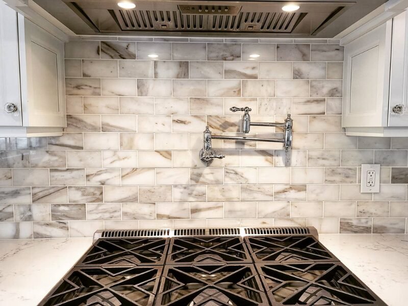 Newly tiled kitchen backsplash after tile installation in Fort Mill, SC.