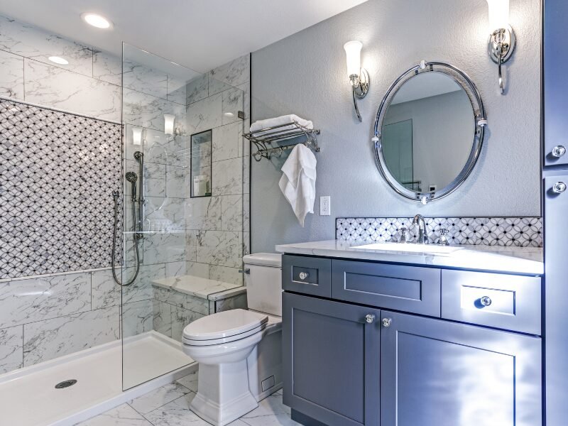 Walk-in shower with beautiful tile in Fort Mill, SC after a tub-to-shower conversion.